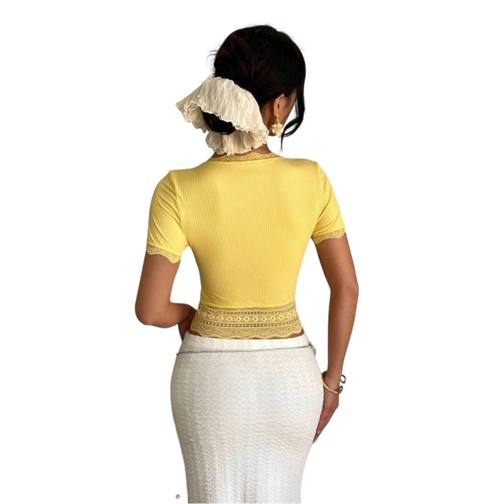 Yellow Lace-Trim Ribbed Crop Top - Picture 3 of 8